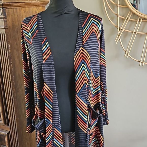 LulaRoe Sarah Open Front Duster Cardigan with Colorful Chevron Stripes Sz S NWT - Picture 3 of 15